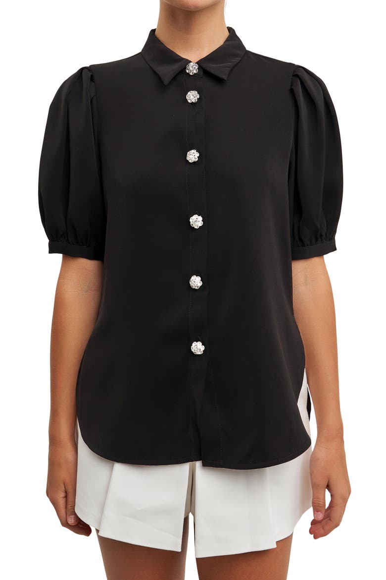 Puff Sleeve Embellished Button-Up Blouse, Main, color, BLACK
