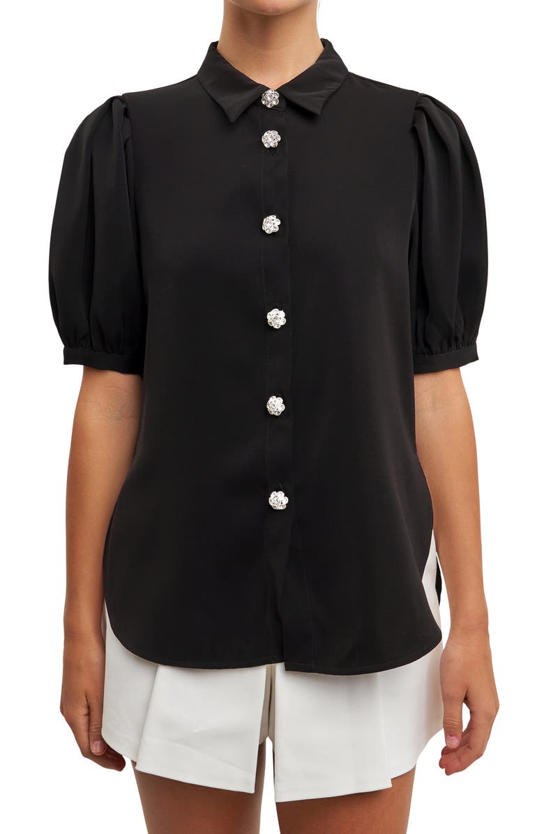 English Factory Puff Sleeve Embellished Button-Up Blouse, Main, color,