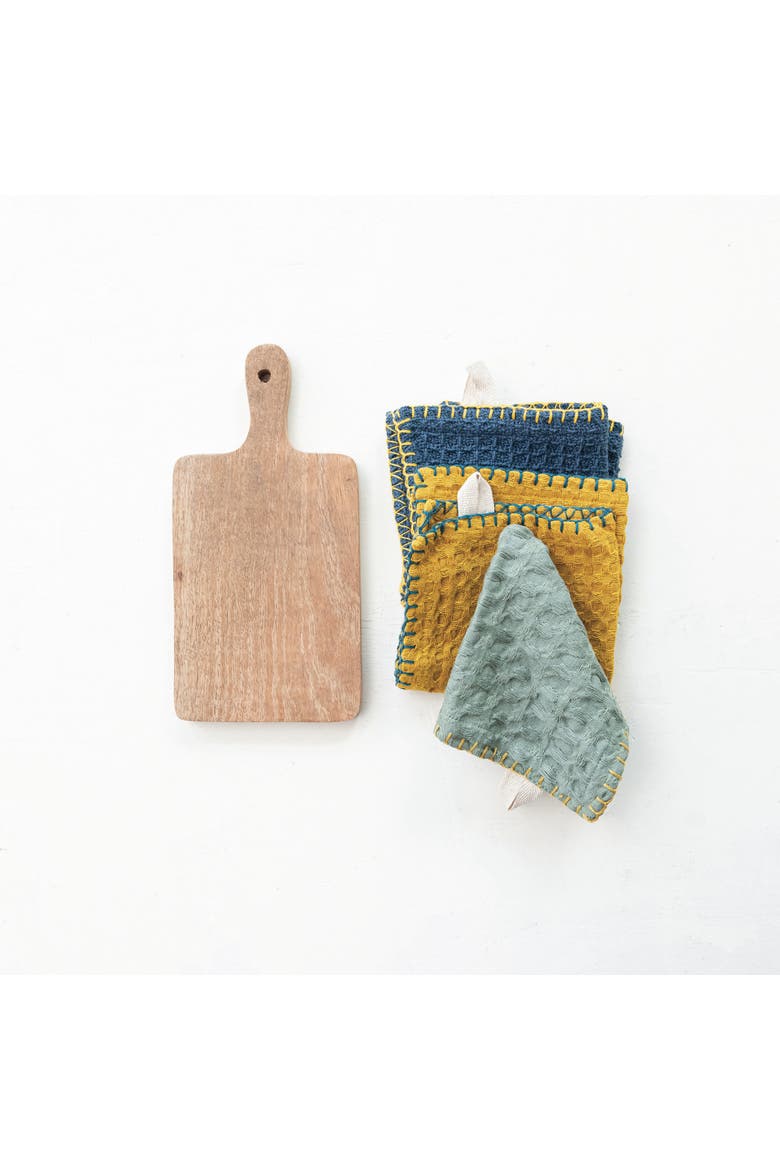 Cotton Dishcloth on a Mango Wood Board, Multicolor, Set of 3, Alternate, color, Brown