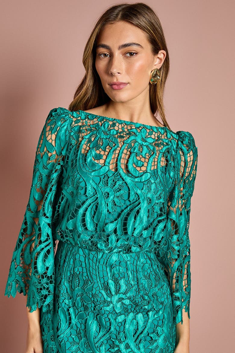 Satin Lace Boat Neck Midi Dress, Alternate, color, Emerald