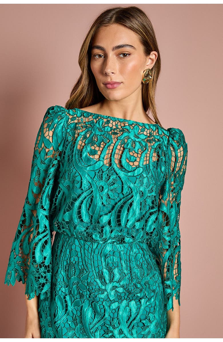 Coast Satin Lace Boat Neck Midi Dress, Alternate, color, Emerald