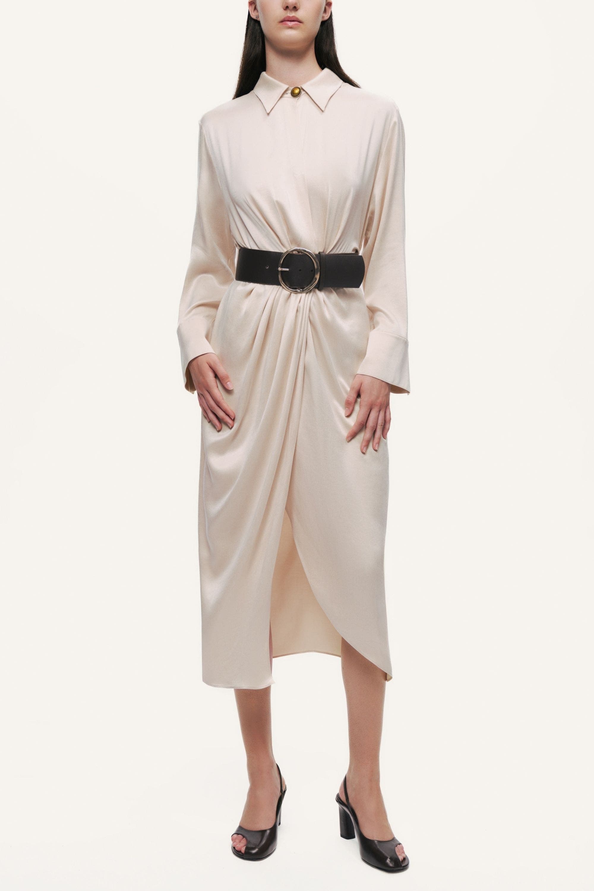 Nocturne Belted Draped Shirt-Collar Maxi Dress in Ivory 