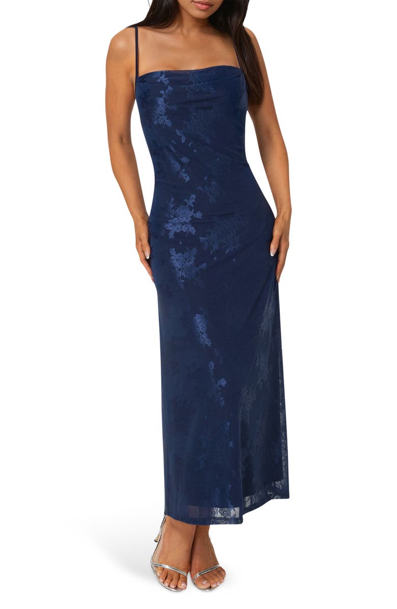 bebe Jacquard Mesh Cowl Neck Dress, Main, color, Navy