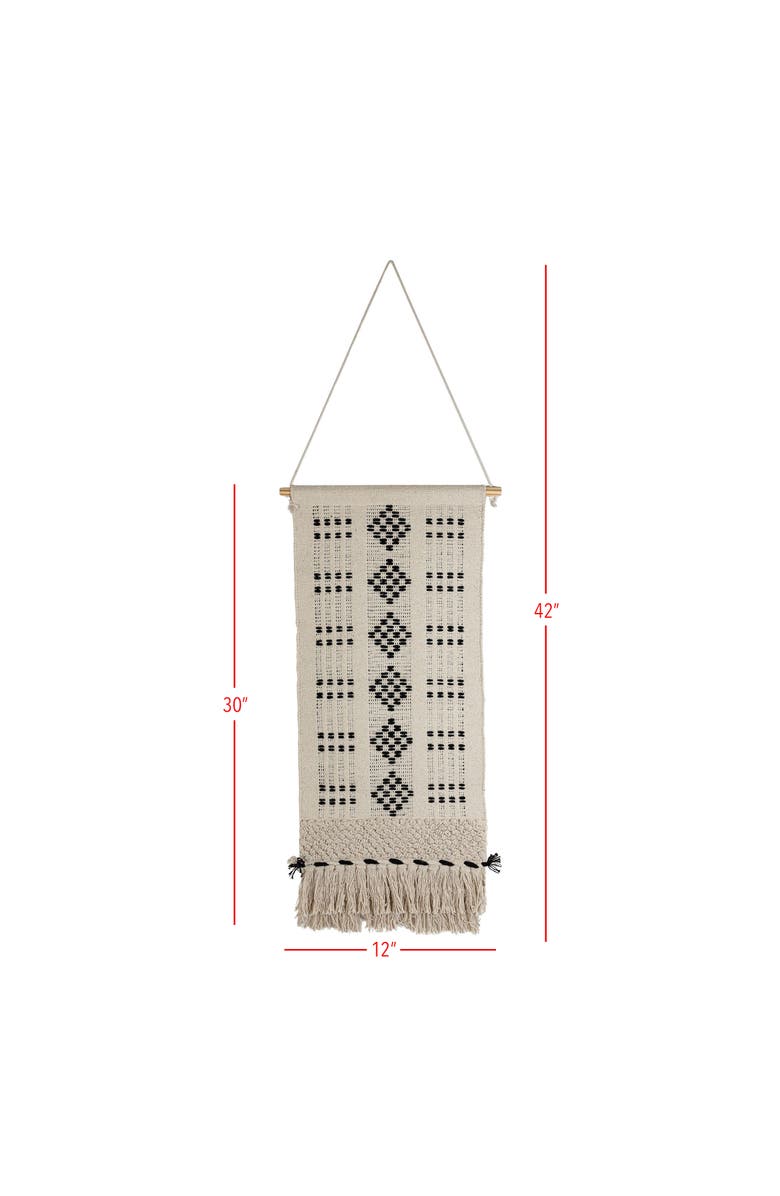 Foreside Home and Garden Hand Woven Geo Pattern Wall Art Black Cotton & Wood Dowel, Alternate, color, Beige