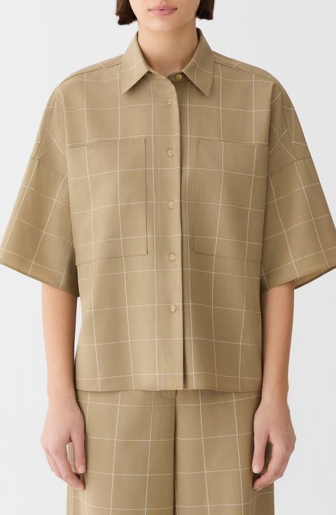Workwear Garden Grid Tropical Merino Wool Blend Short Sleeve Button-Up Shirt