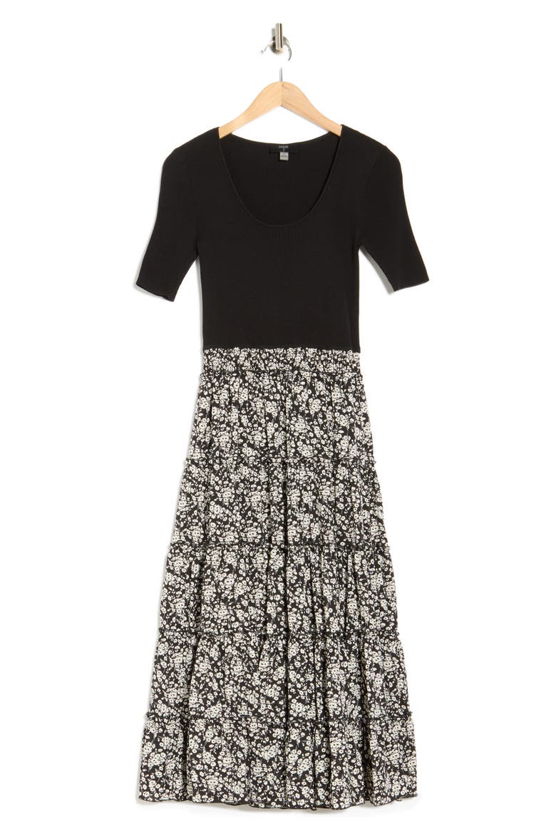 Mixed Media Midi Dress, Alternate, color, BLACK WITH DITSY FLORAL SKIRT
