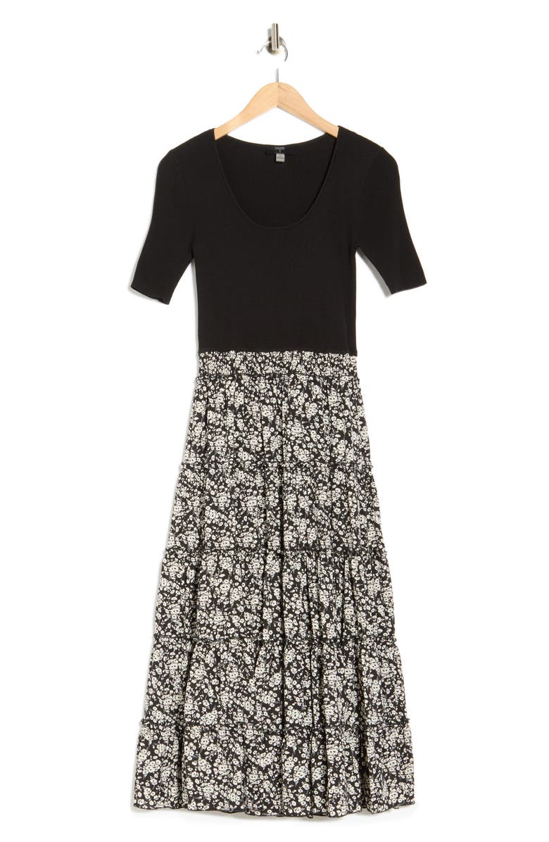 T Tahari Mixed Media Midi Dress, Main, color, Black With Ditsy Floral Skirt