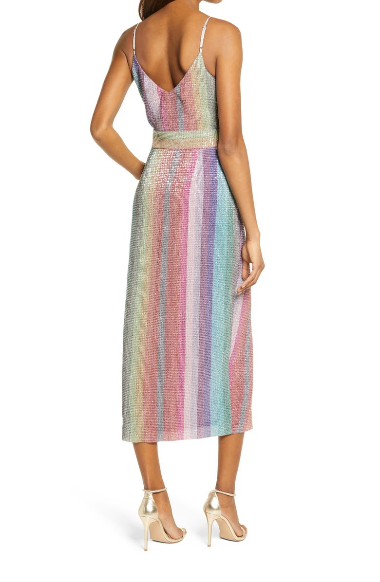 Saylor Meghan Sequin Stripe Faux Wrap Midi Dress, Alternate, color, 