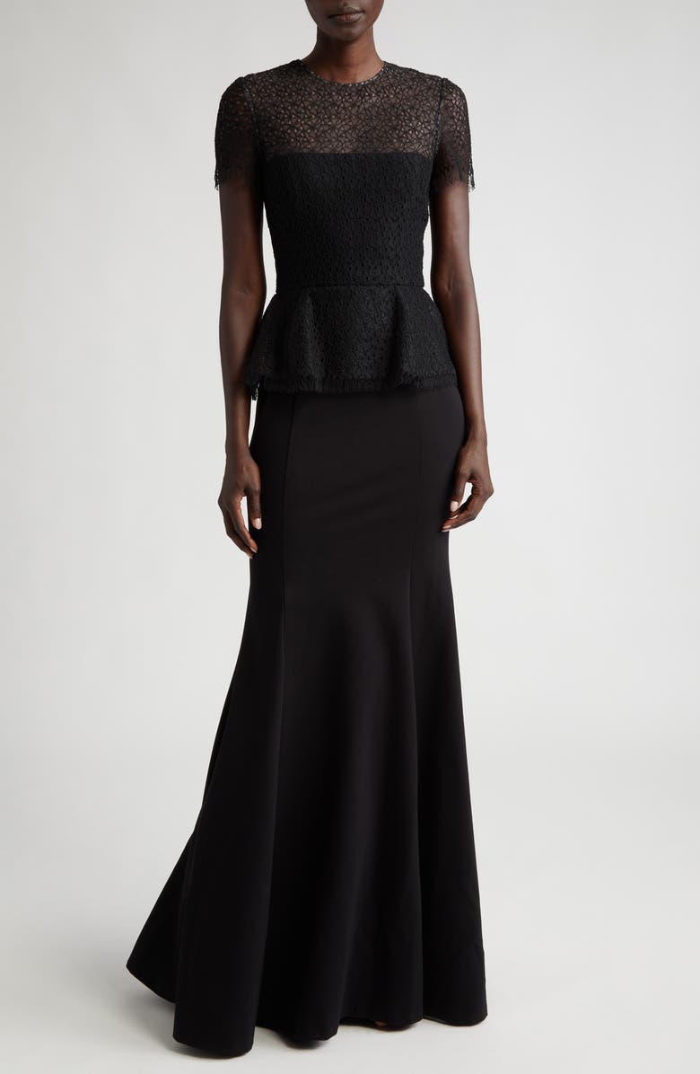 Jason Wu Collection Mixed Media Embroidered Lace Peplum Gown, Main, color, Black