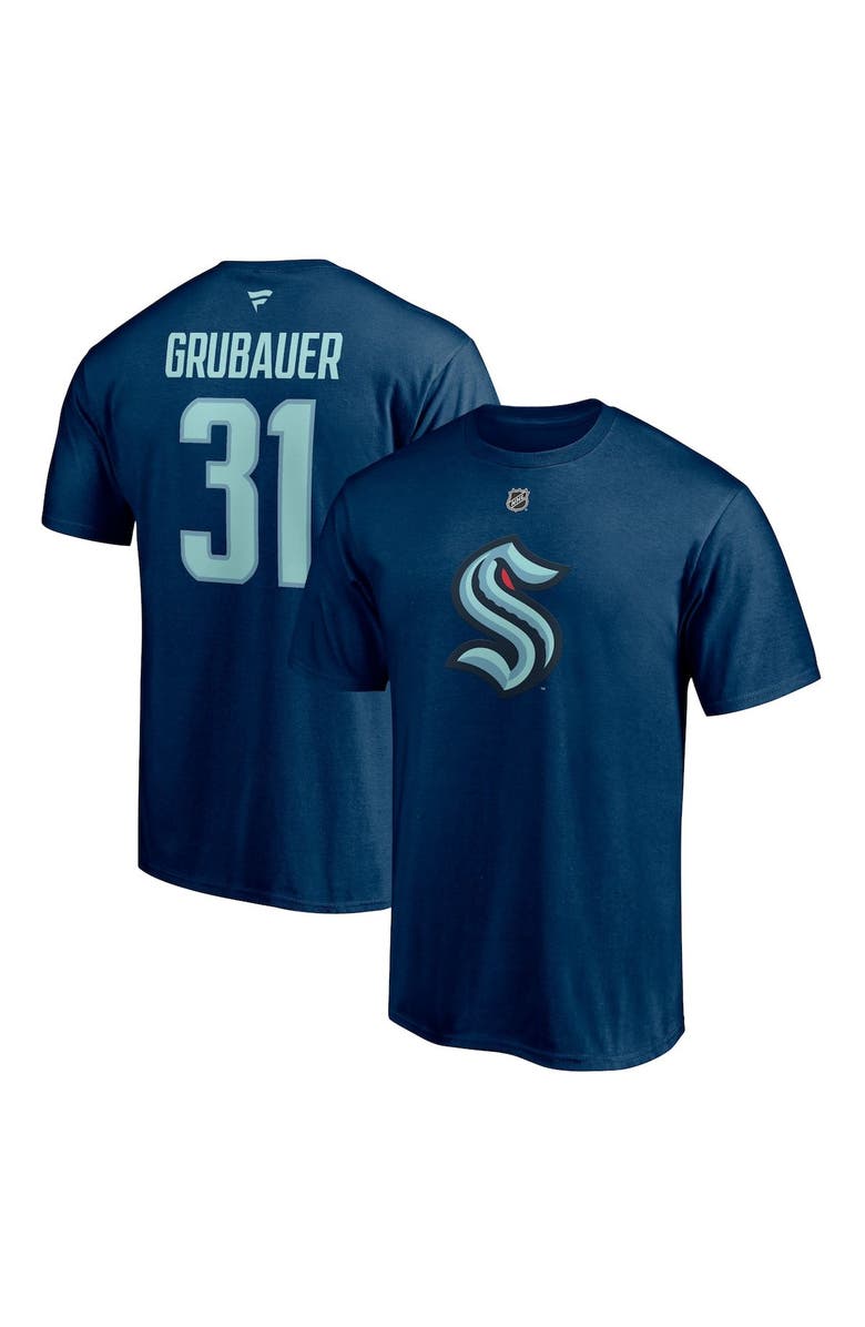 FANATICS Men's Fanatics Branded Philipp Grubauer Deep Sea Blue Seattle Kraken Authentic Stack Name & Number T-Shirt, Main, color, Navy