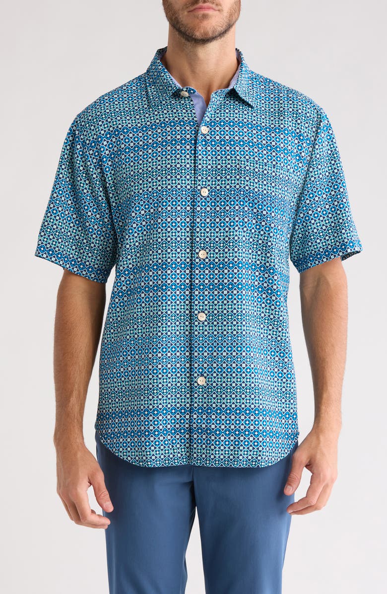 Tommy Bahama Bodega Dunes Tiles Short Sleeve Silk Button-Up Shirt, Main, color, 