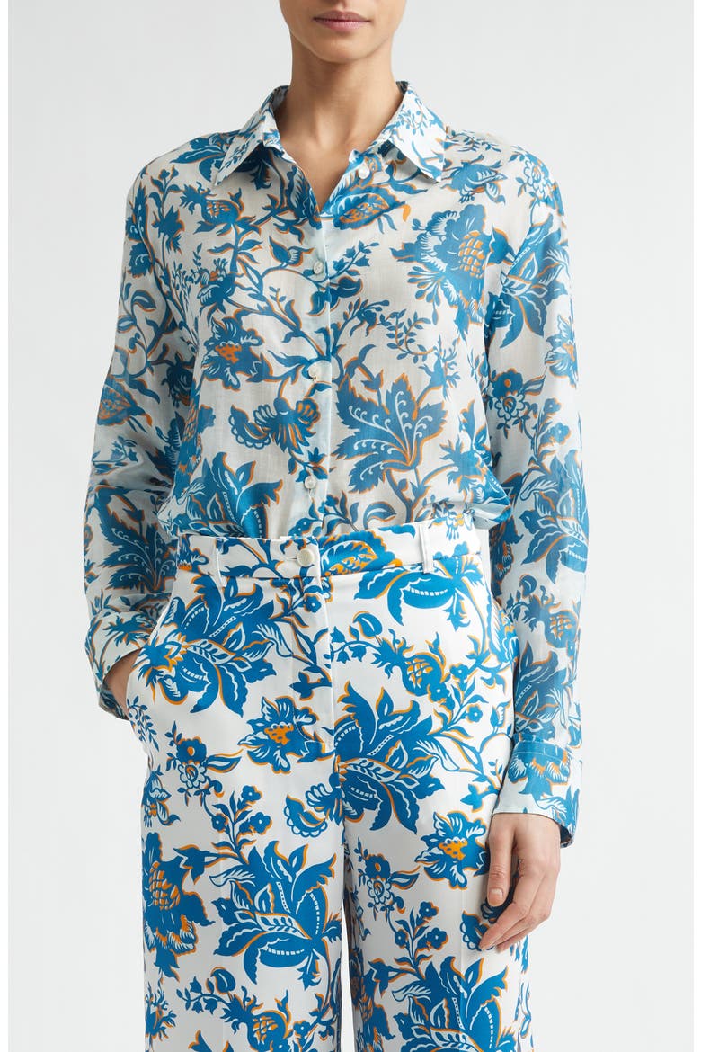 Floral Paisley Cotton & Silk Button-Up Shirt, Main, color, PRINT ON WHITE BASE