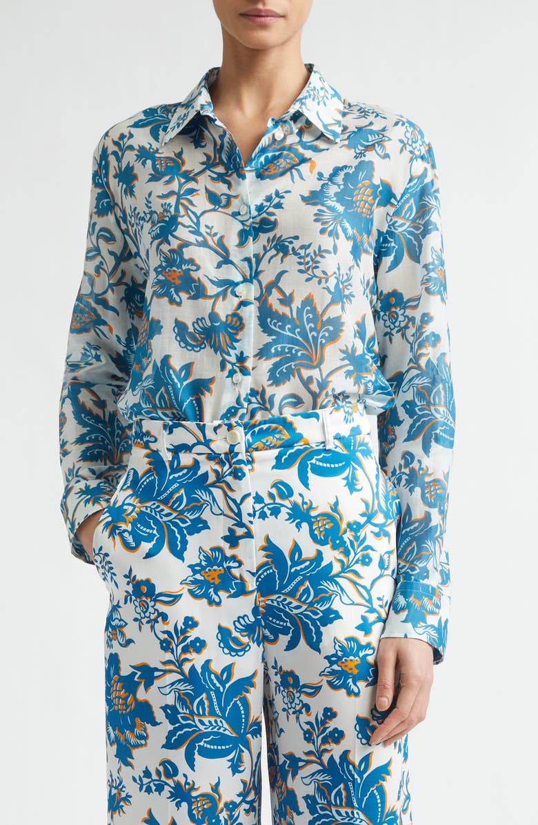 Etro Floral Paisley Cotton & Silk Button-Up Shirt, Main, color, Print On White Base