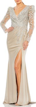 Mac Duggal Embellished Faux Wrap Illusion Puff Sleeve Gown