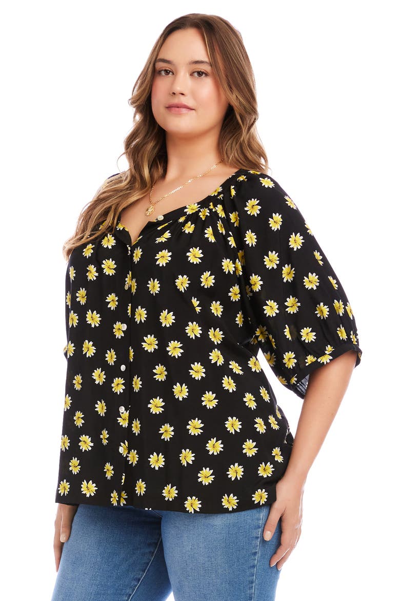 Floral Button-Up Peasant Top, Alternate, color, BLACK/ FLORAL PRINT