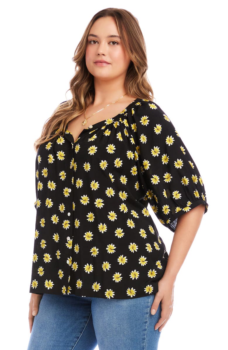 Karen Kane Floral Button-Up Peasant Top, Alternate, color, Black/ Floral Print