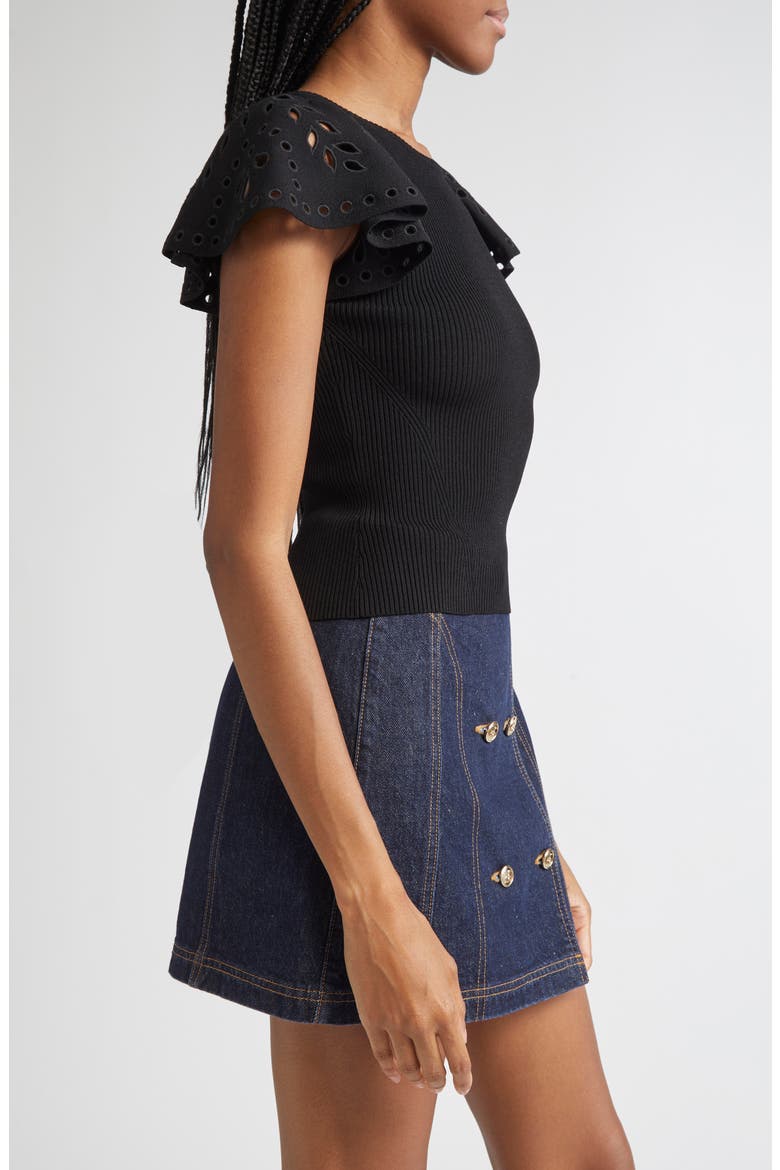 Edith Mixed Media Ruffle Sleeve Top, Alternate, color, NOIR