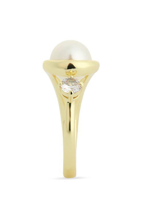 Covet Faux Pearl & Cz Open Cuff Ring In Pearl/clear/gold