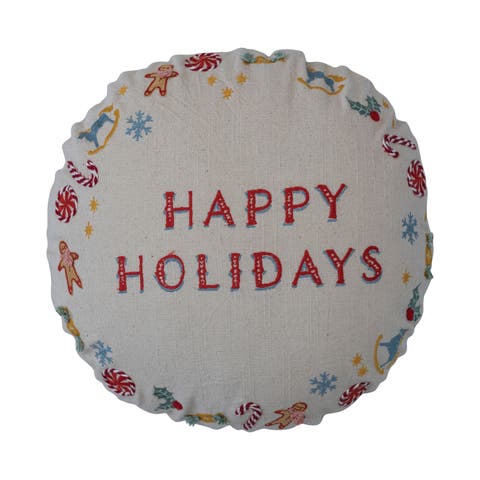 Cotton Slub Printed Pillow with Embroidery, Multicolor