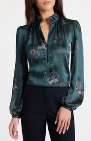 Santorelli Astrid Long Sleeve Ruffle-Neck Printed Top