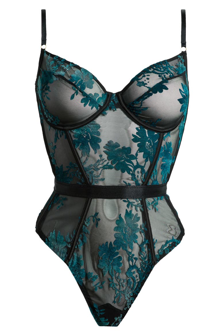 Floral Appliqué Mesh Underwire Bodysuit, Alternate, color, BLACK EMERALD