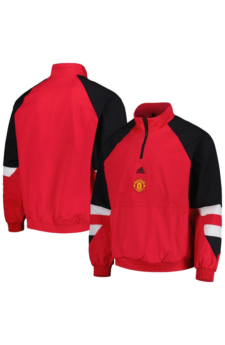 adidas Men's adidas Red Manchester United Football Icon Raglan Quarter-Zip Top, Alternate, color,