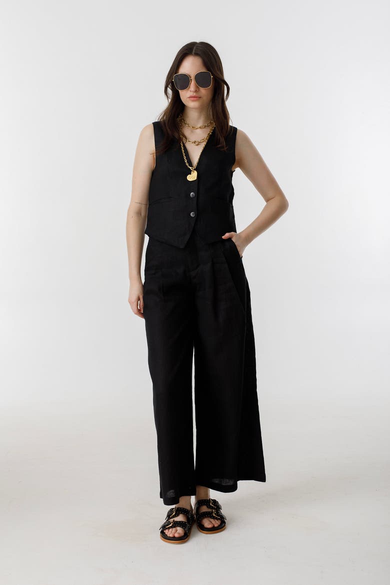 Culotte Linen Pants, Alternate, color, Black