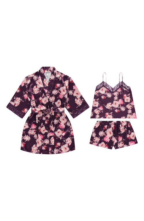 Flora Nikrooz Sabrina Floral Print Satin Short Pajamas & Robe Set In Purple