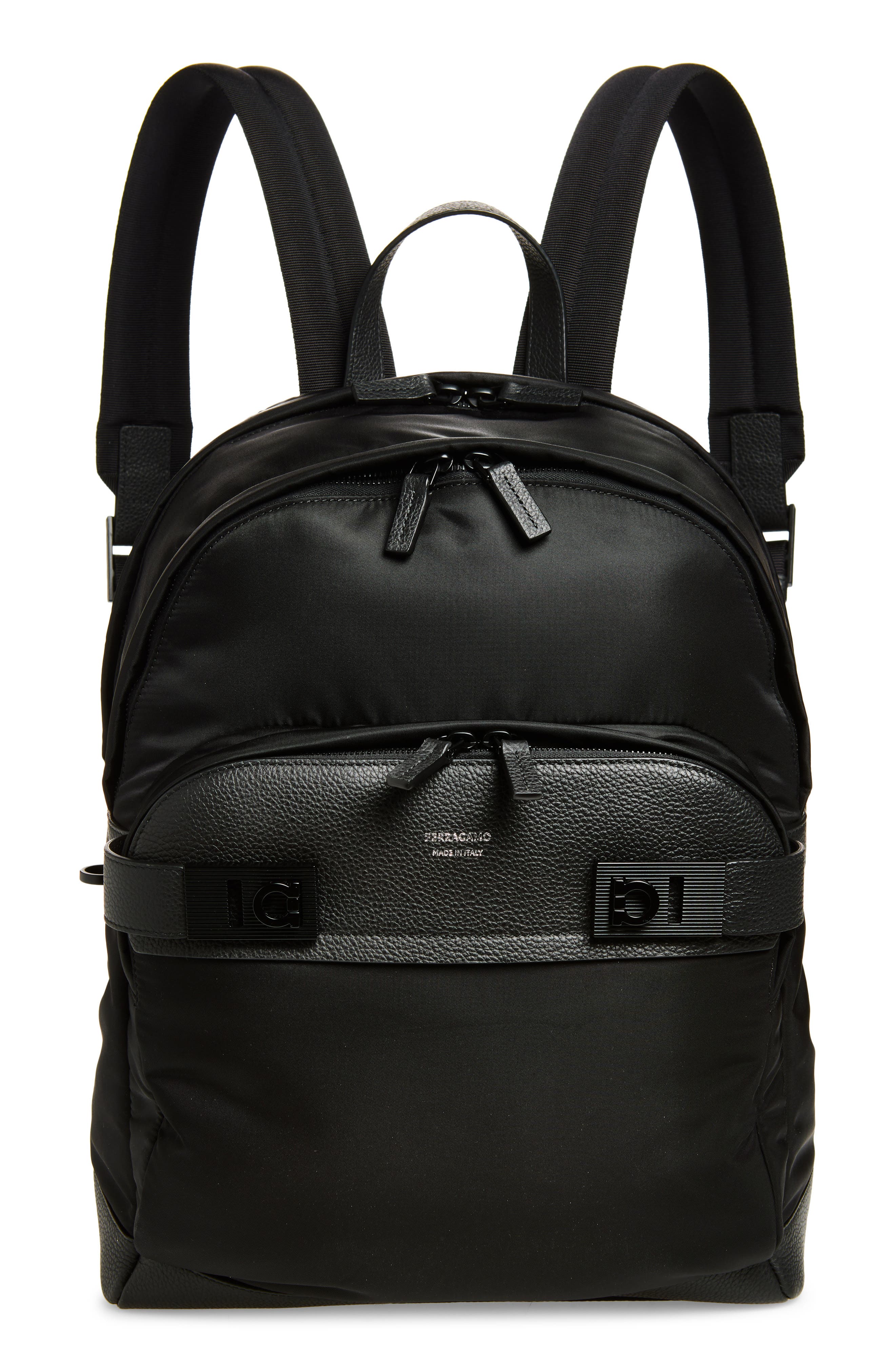 FERRAGAMO Twins Nylon Backpack, Main, color, Nero