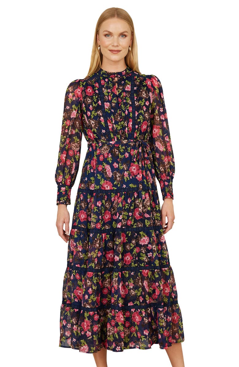 Yumi Blossom Print Lace Trim Maxi Dress, Alternate, color, Navy