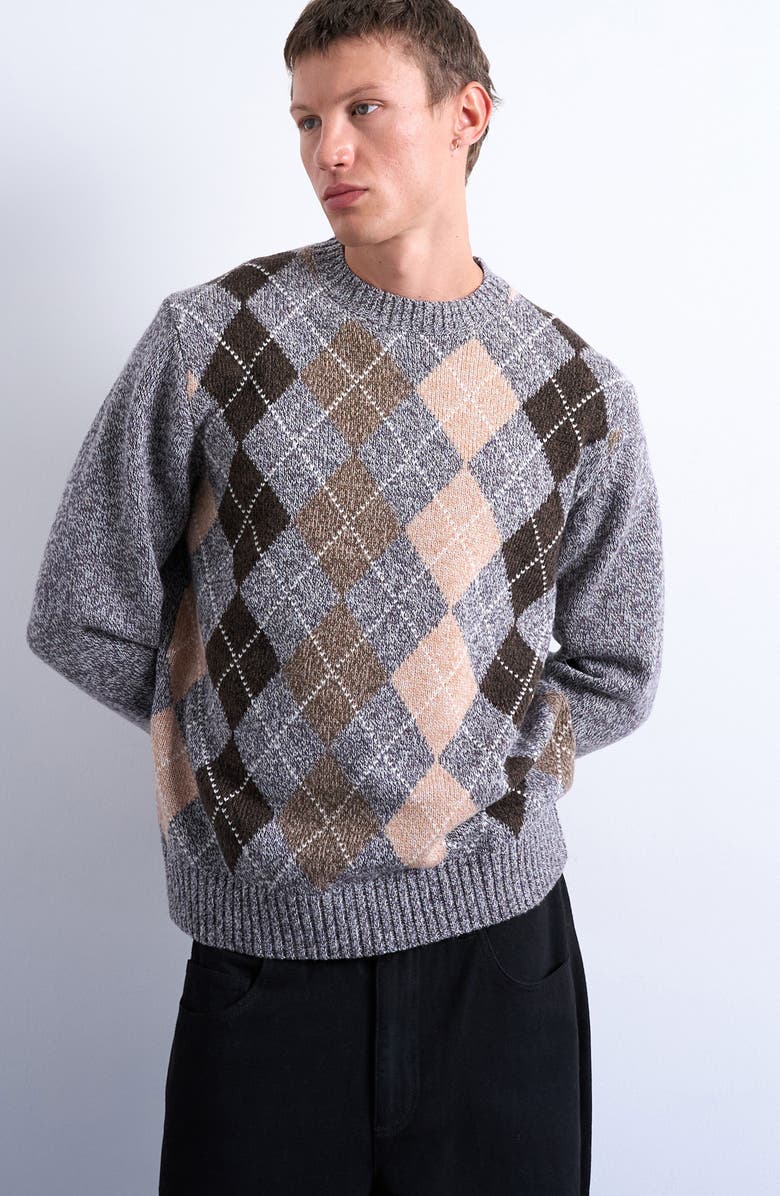 Topman Argyle Crewneck Sweater, Alternate, color, Grey