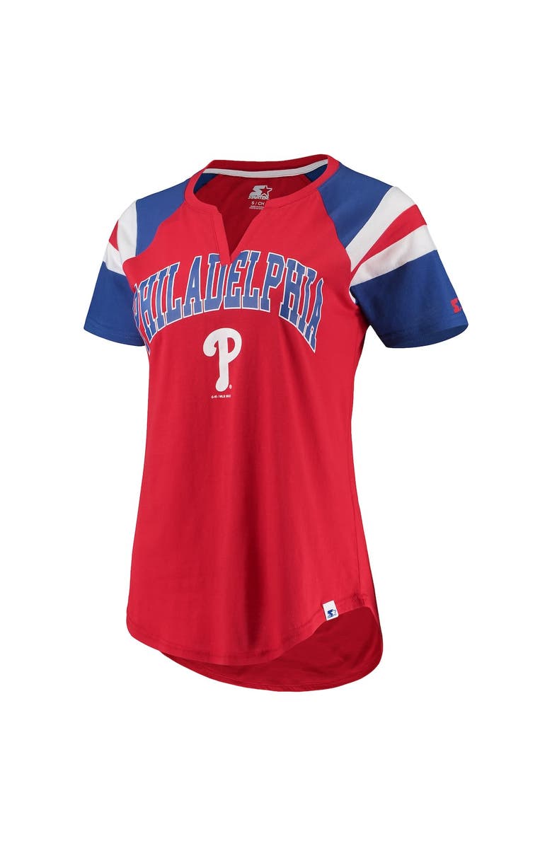 STARTER Women's Starter Red/Royal Philadelphia Phillies Game On Notch Neck Raglan T-Shirt, Alternate, color, 