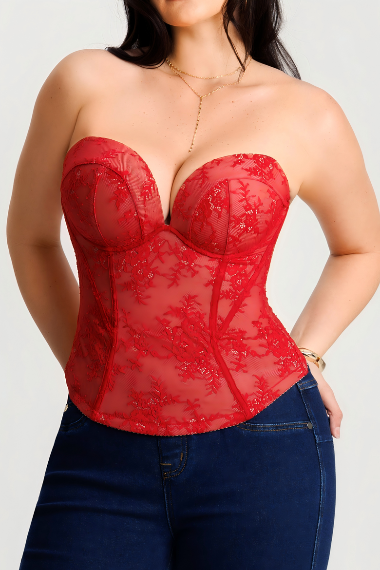 Underwire Snatched Push-Up Lace Flora Convertible Strap Corset Bustier, Main, color, Rouge