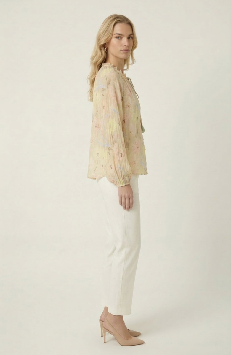 Modenaire Floral Print Blouse with Tassel Tie Neck and Long Sleeve, Alternate, color, Beige Floral