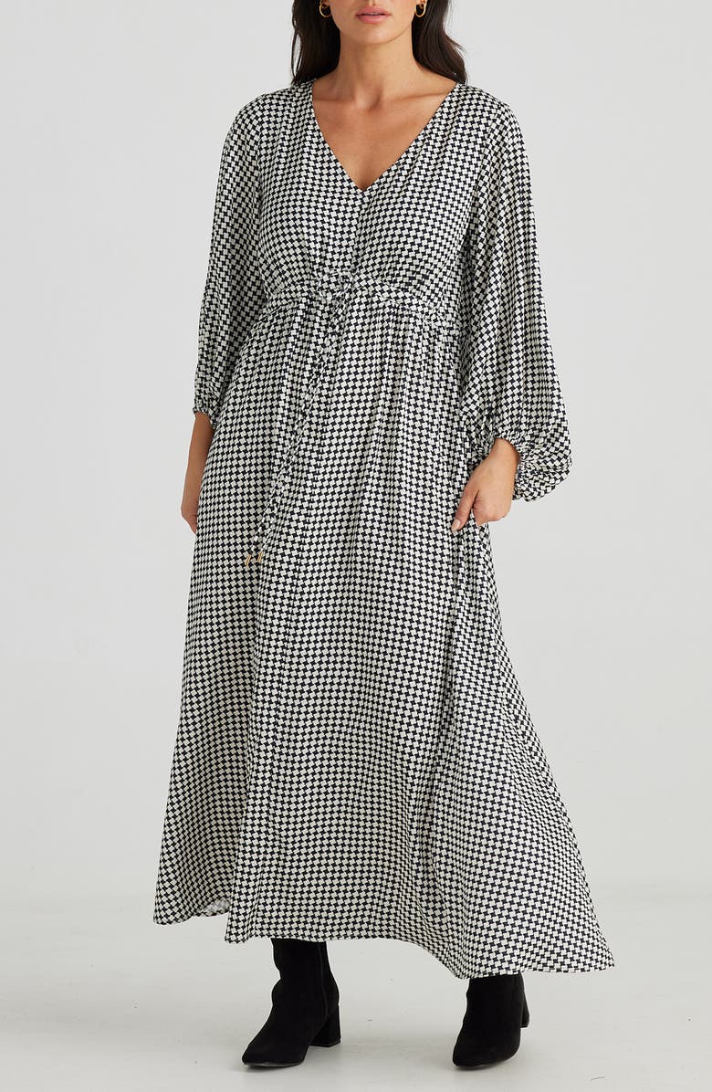 Brave+True Daylight Check Print Long Sleeve Dress, Main, color, Black