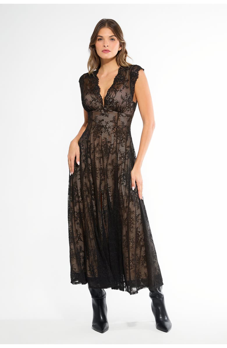 Popilush Shapewear Boho Floral Lace Front Slit Maxi Dress, Main, color, Beige Overflow