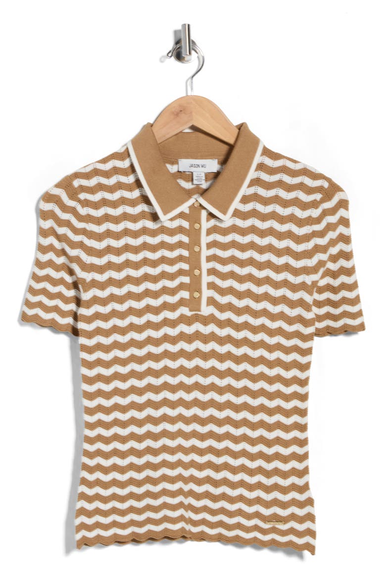 Chevron Stripe Polo Sweater, Alternate, color, CARAMEL/ IVORY