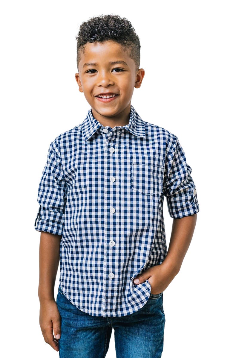 Hope & Henry Kids' Organic Long Sleeve Stretch Poplin Roll-Up Button Down Shirt, Main, color, Navy Gingham