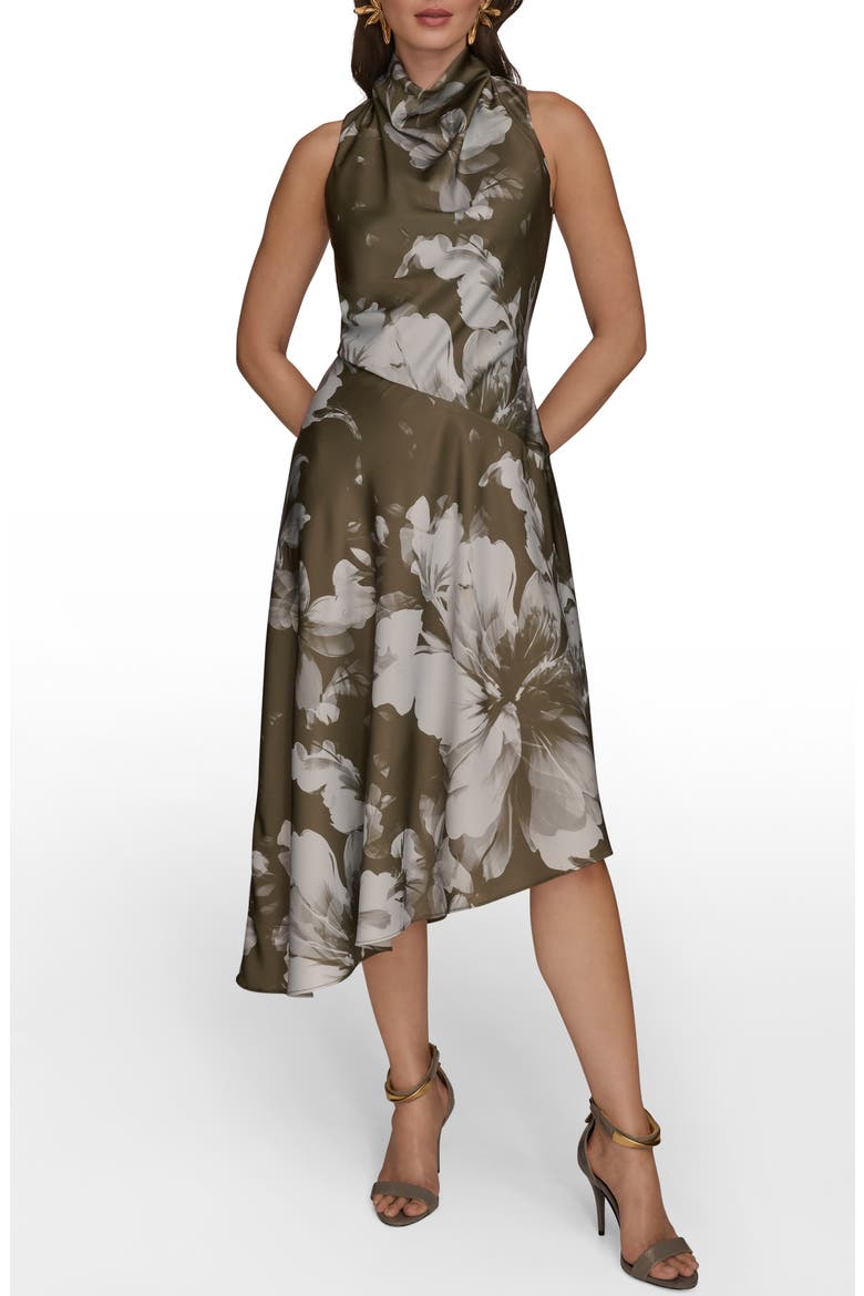 Floral Print Asymmetric Midi Dress, Main, color, ANTIQ GREE