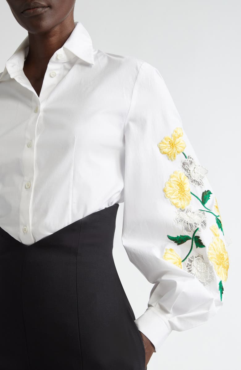 Carolina Herrera Embroidered Sleeve Stretch Cotton Button-Up Shirt, Alternate, color,