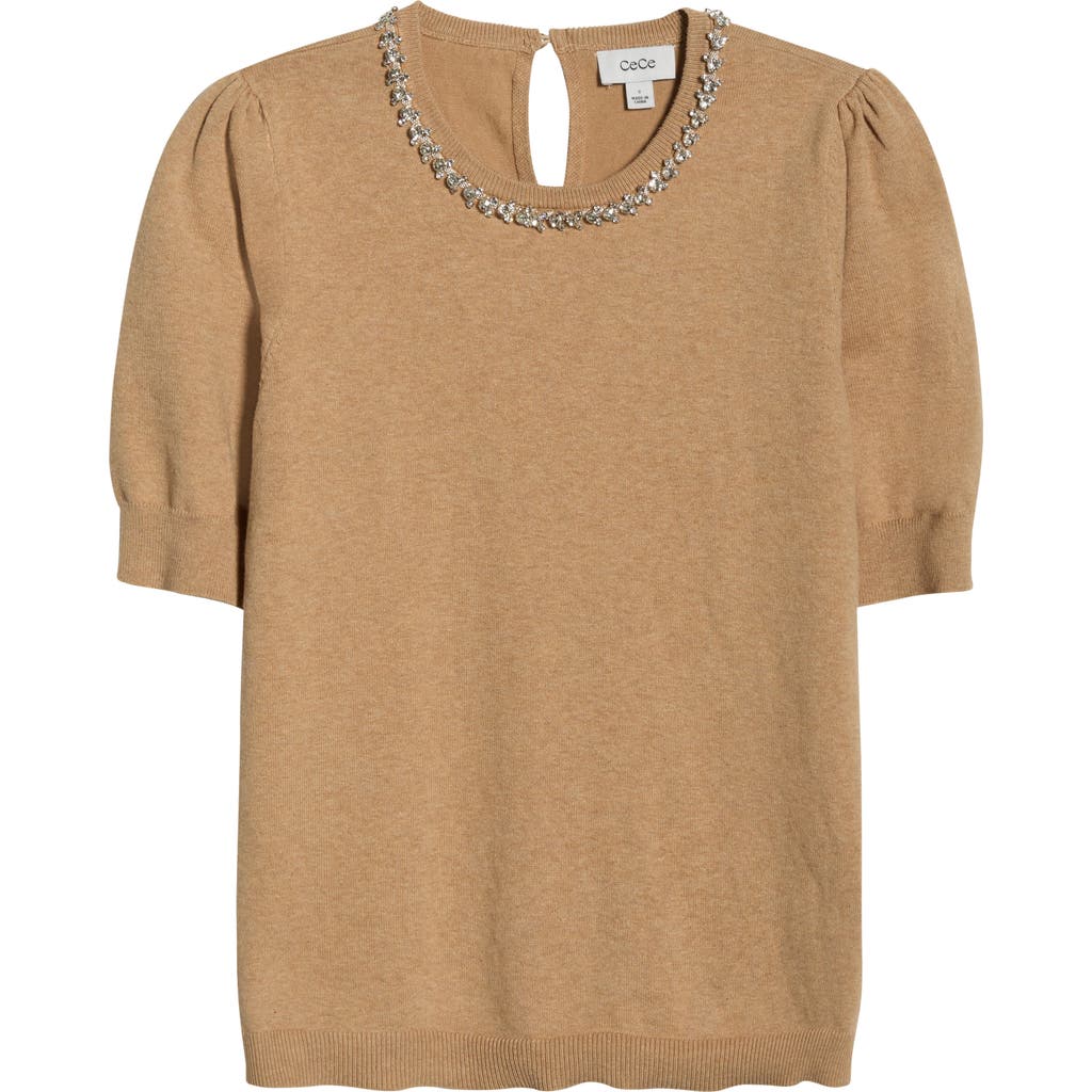 Cece Embellished Collar Short Sleeve Cotton Sweater In Brown