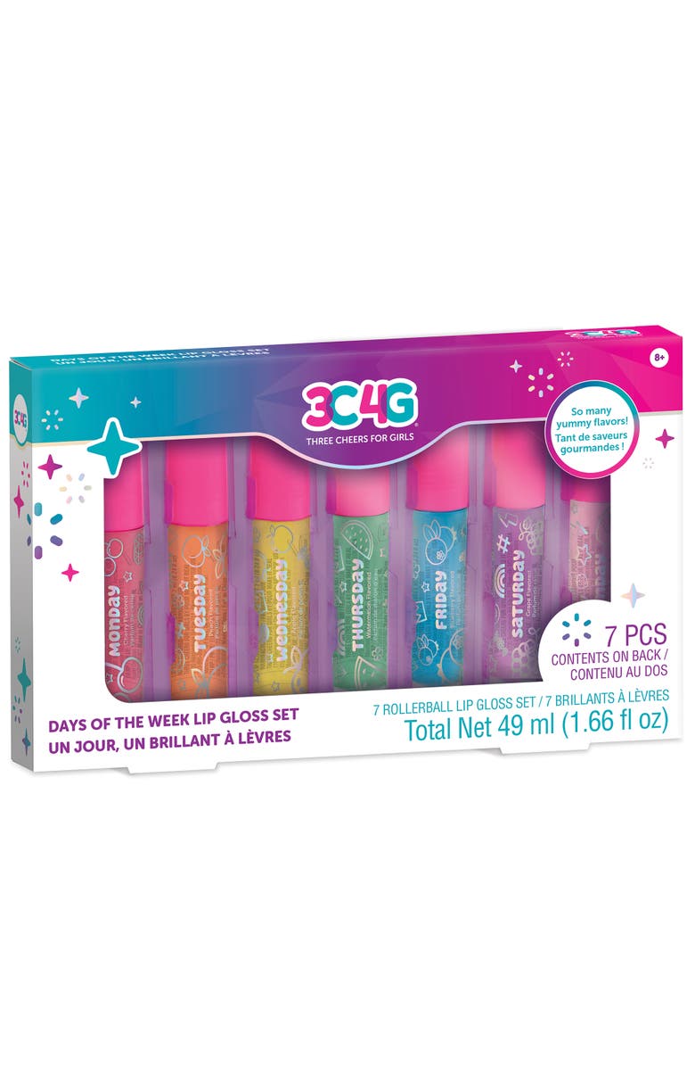 Three Cheers For Girls 3C4G Days Of The Week Lip Gloss Set 7 Piece Rollerball Flavored Set, Main, color, Multicolored