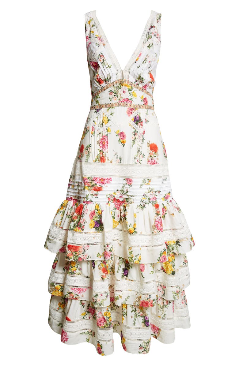 Egyptian Rose Print Tiered Ruffle Cotton & Silk Maxi Dress