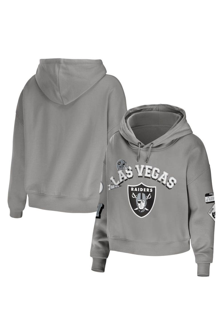 Women's WEAR by Erin Andrews Gray Las Vegas Raiders Modest Cropped Pullover Hoodie, Main, color, Gray