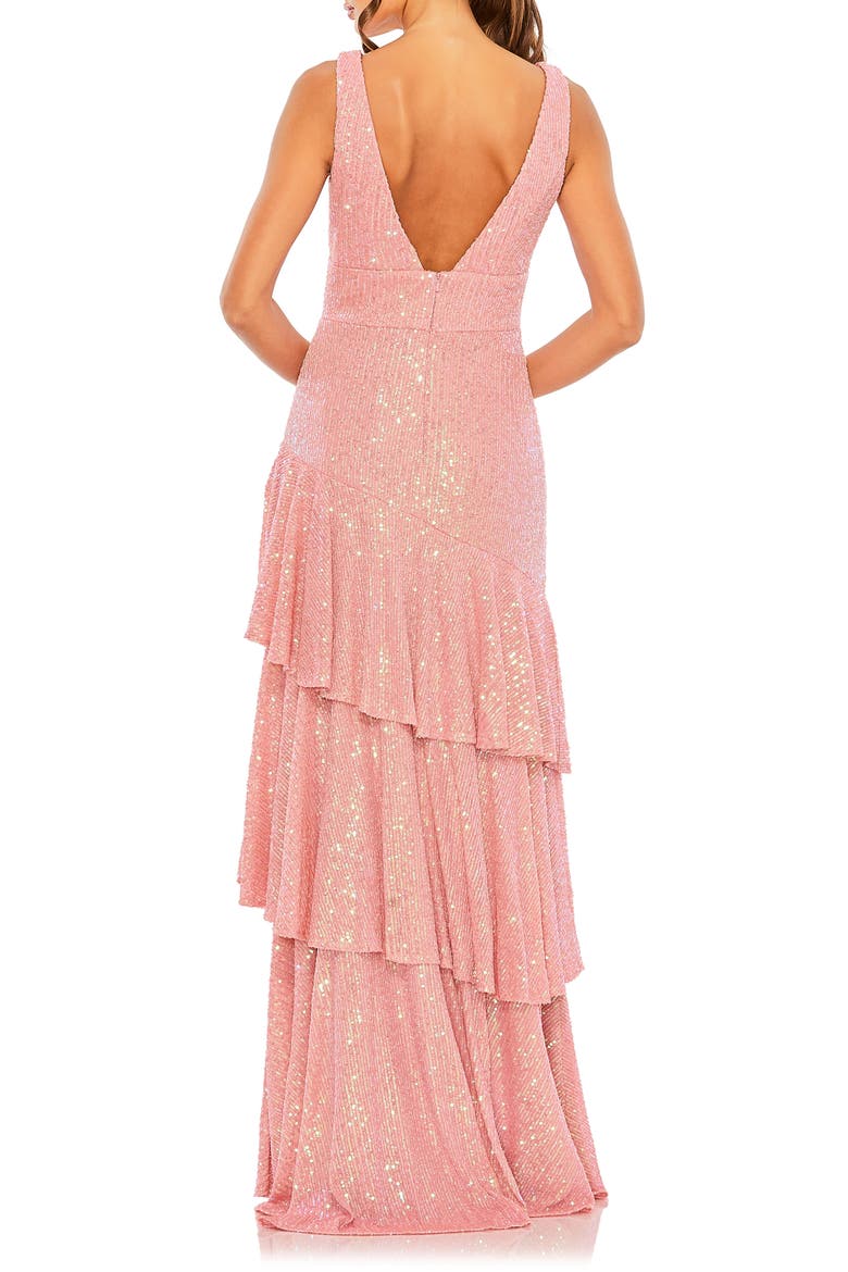 Sequin Ruffle Asymmetric Tiered Gown, Alternate, color, CORAL