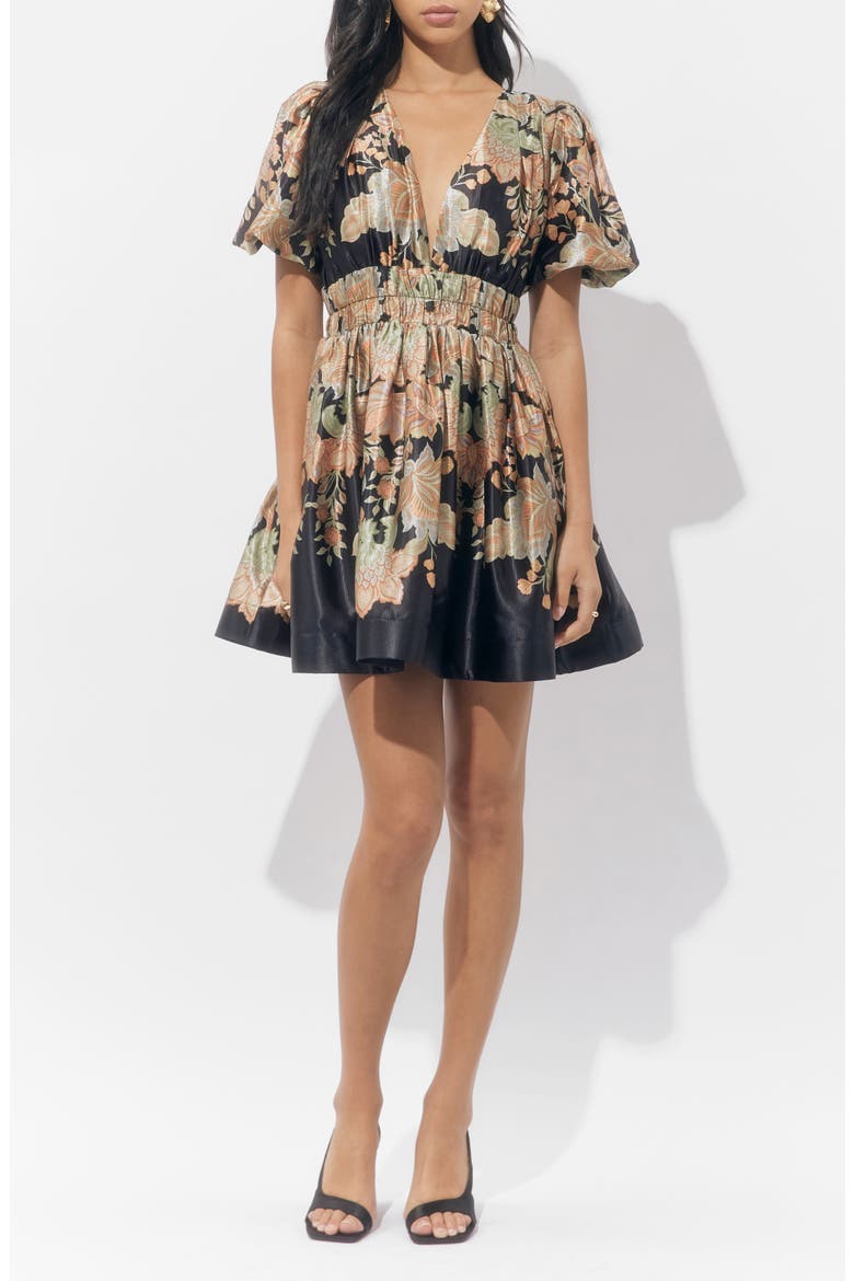 Koi Print Puff Sleeve Dress, Alternate, color, BLACK/ GOLD