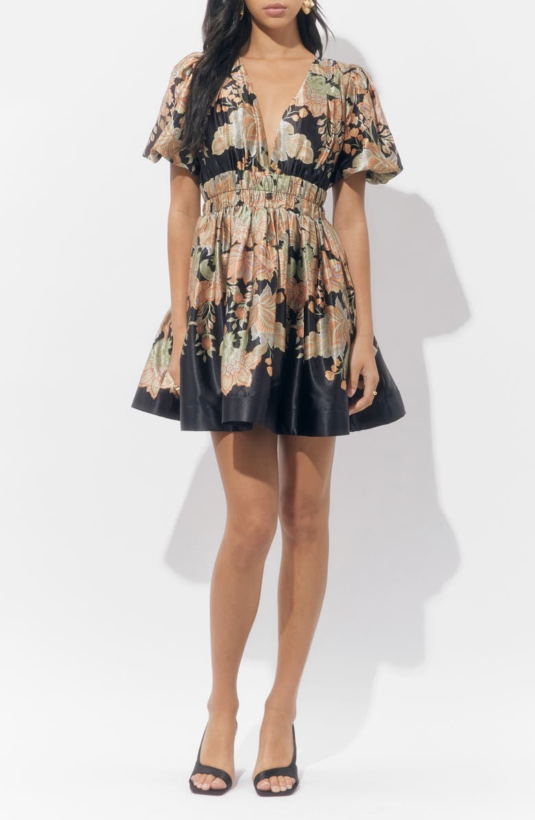 Adelyn Rae Koi Print Puff Sleeve Dress, Alternate, color, Black/ Gold