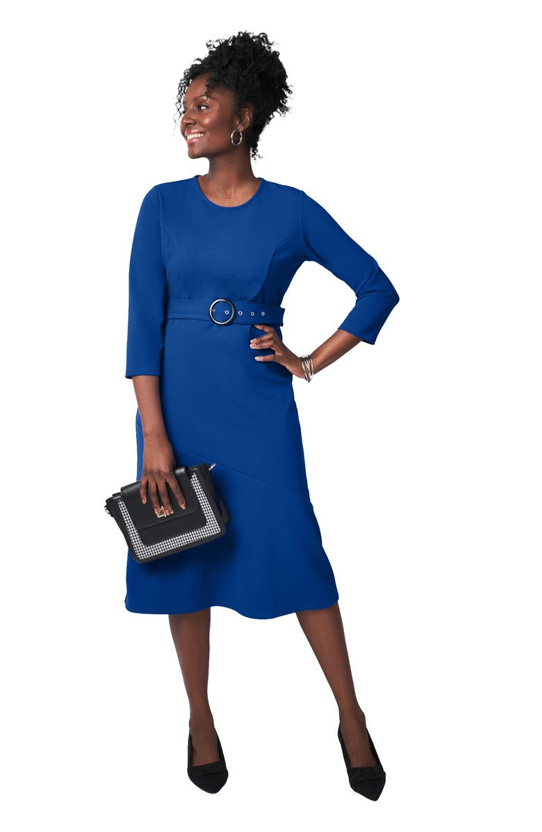 Jessica London Knit Crepe Belt Dress, Main, color, Dark Sapphire