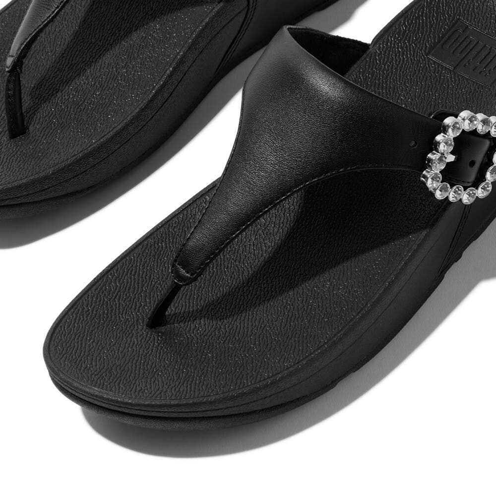 Lulu Crystal-Buckle Toe-Post, Alternate, color, All Black
