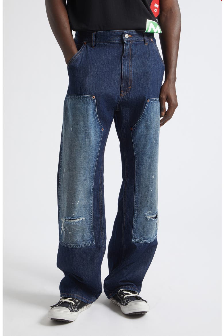 Ripped Knee Panelled Straight Leg Jeans, Main, color, BLUE